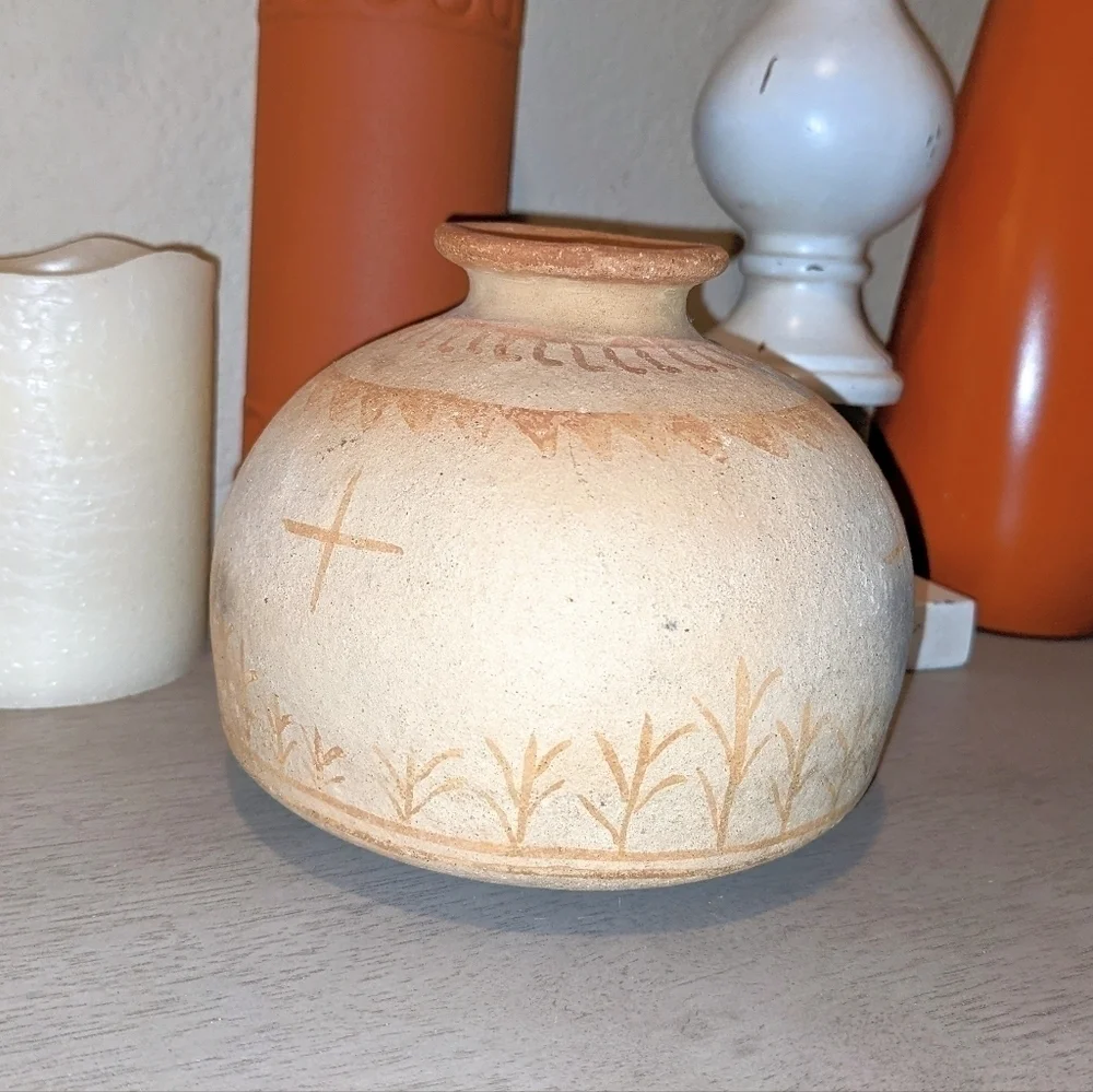 Small Handmade Bottleneck Ceramic Clay Detailed Vase